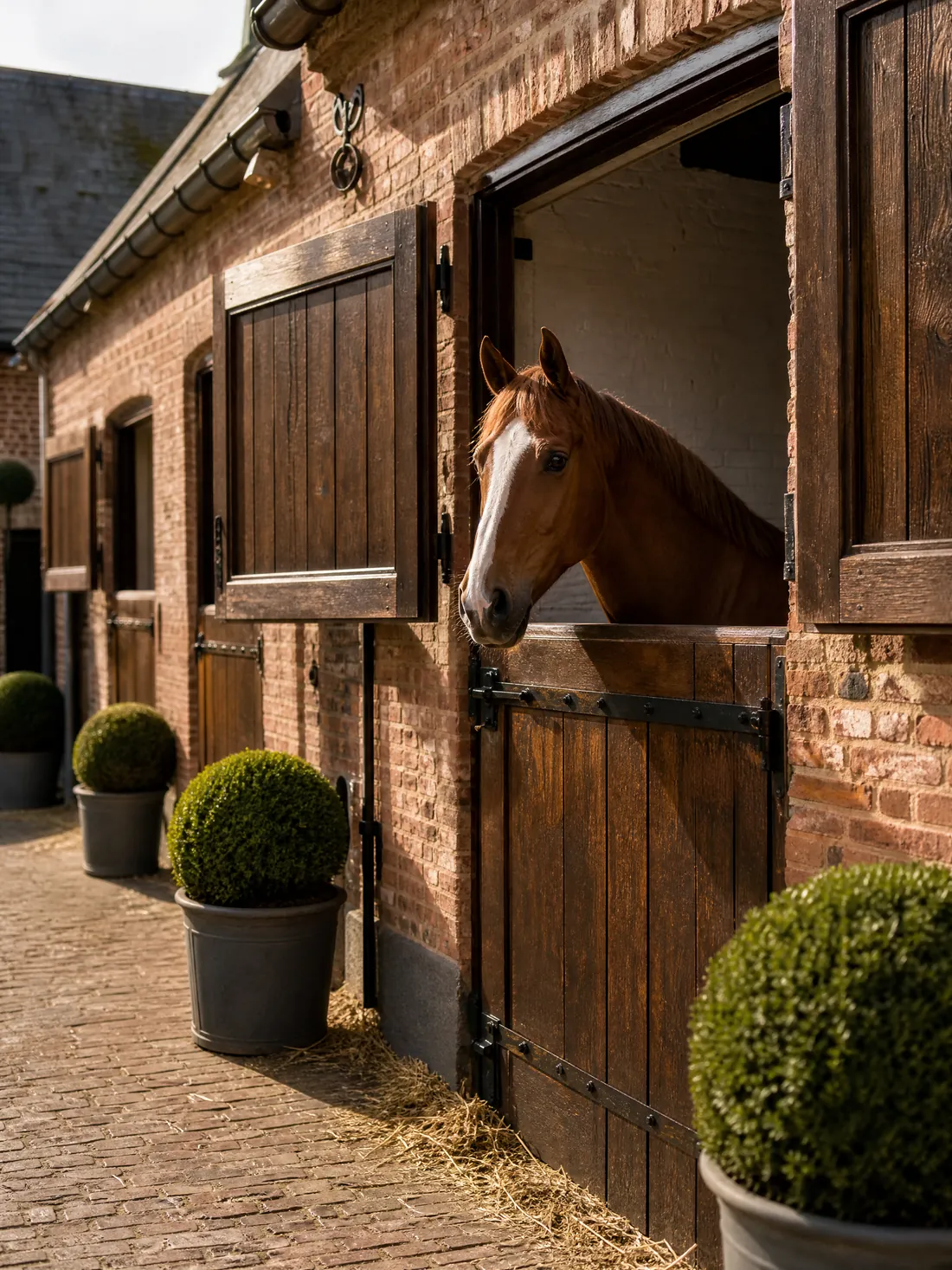 Cheval alezan à la porte de son box, sur une cour pavée en briques