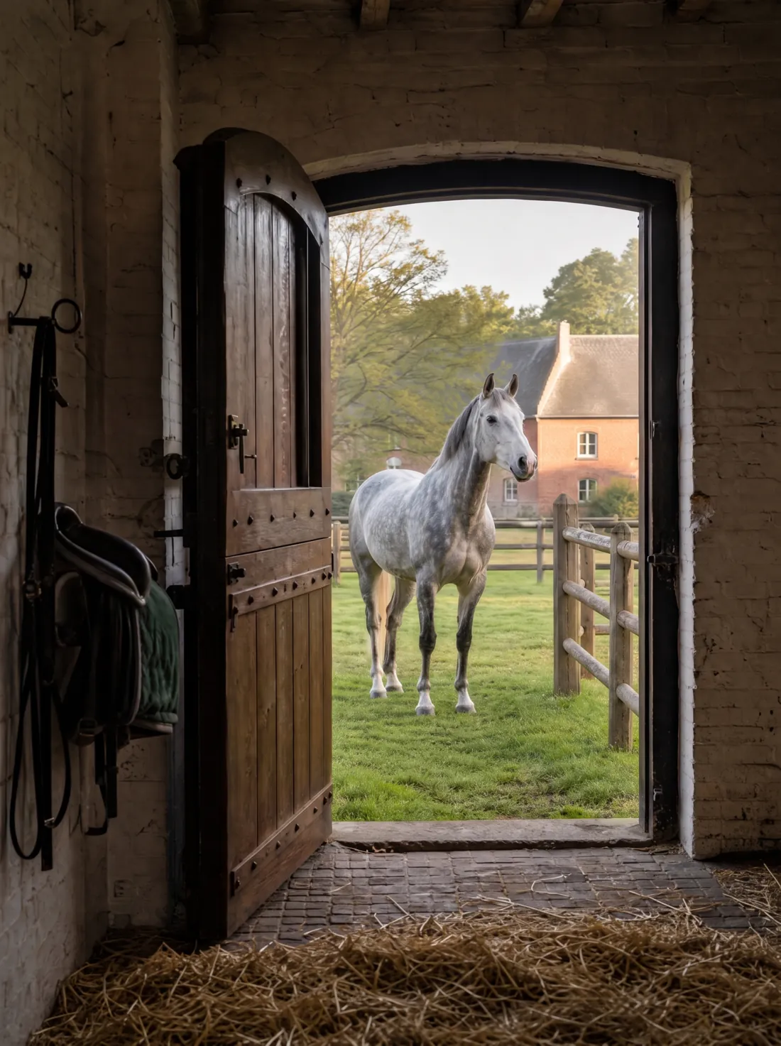 Cheval gris dans son paddock privatif, vu depuis la porte cintrée de son box