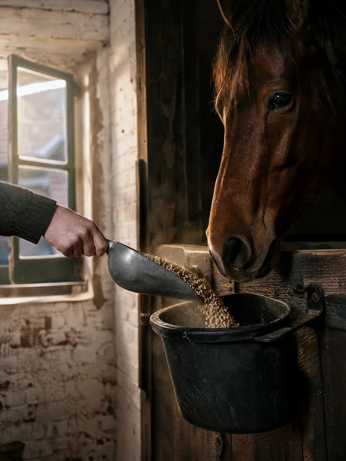 Une main verse la ration de grains dans le seau, le cheval approche le nez