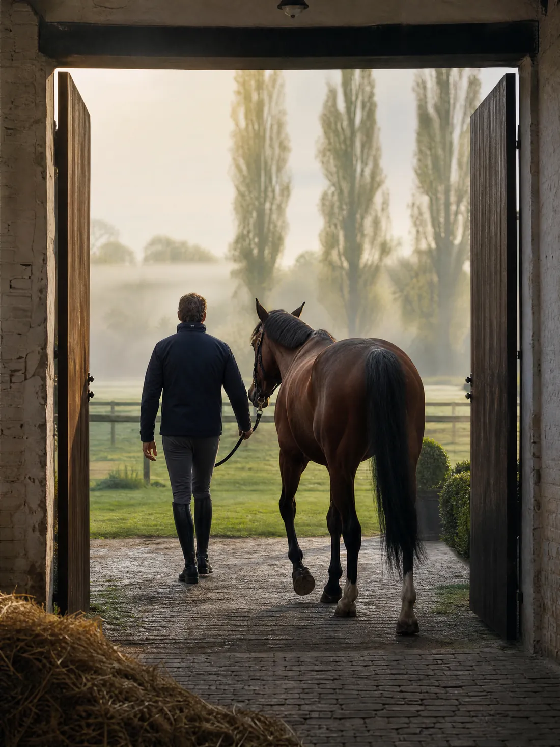 Un cheval bai mené au paddock dans la brume du matin